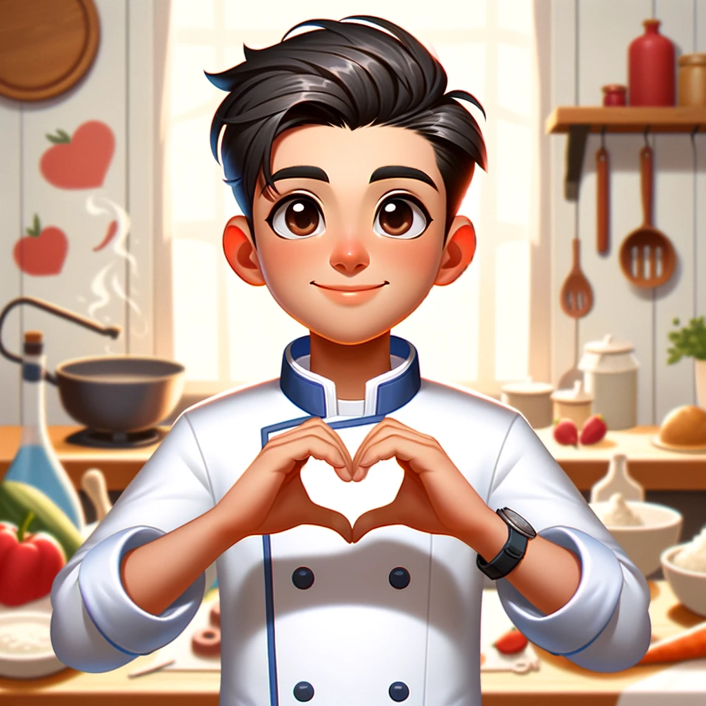 DALL·E 2023-12-19 09.31.22 - Create a cartoon avatar of a person wearing a white chef's jacket with a blue trim, making a heart shape with their hands. The character should have a.png